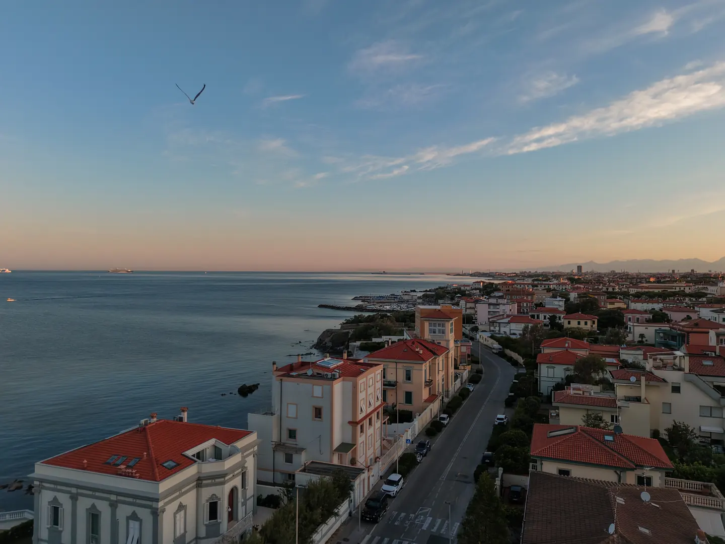 Alba sul litorale livornese vista dal drone: prime luci sulle ville del lungomare